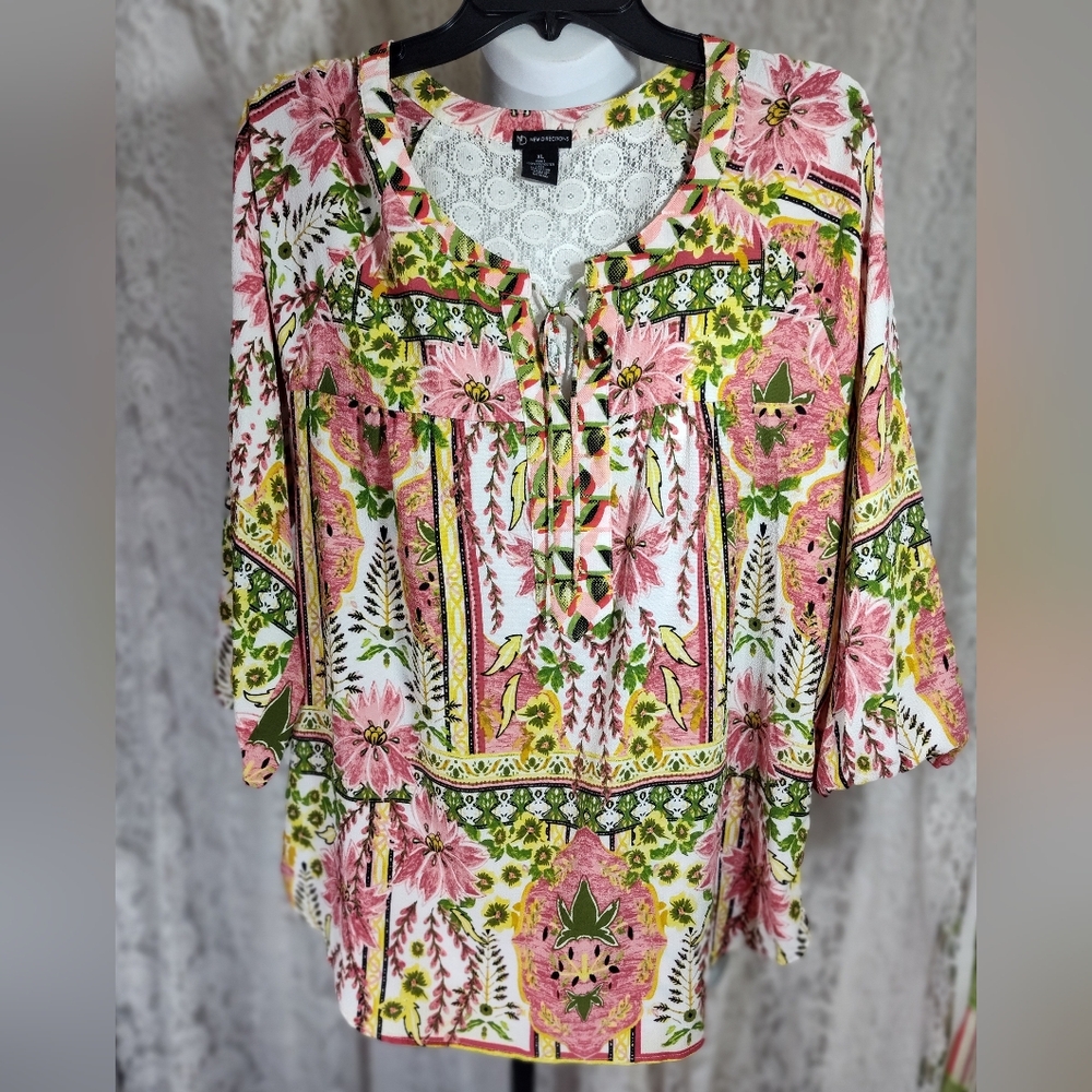 New Directions Ivory Lace On Multicolor Grren peach Floral Blouse Nwot Sz XL